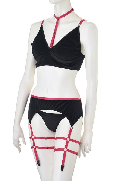 画像8: 在庫限り｜Riho 3pcs set  | ブラレット＆ガーターリング付きガーターベルト＆Tバック3点セット・ノンパテッドブラ・黒×チェリーピンク | Anais アナイス センシュアルランジェリー (8)