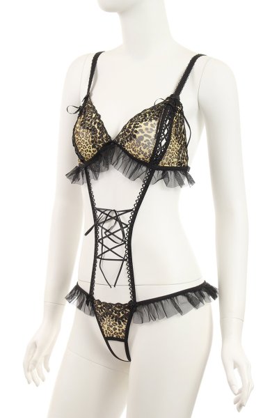 画像5: SALMAKIS teddy  | レオパード柄のオープンクロッチテディ・シースルー・黒×ヒョウ柄・編上げ | Anais アナイス センシュアルランジェリー (5)