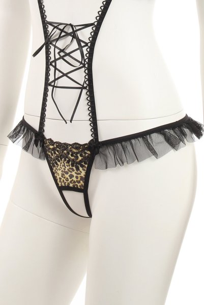 画像9: SALMAKIS teddy  | レオパード柄のオープンクロッチテディ・シースルー・黒×ヒョウ柄・編上げ | Anais アナイス センシュアルランジェリー (9)