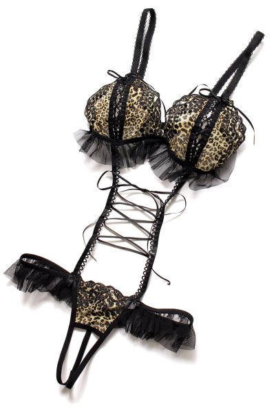 画像11: SALMAKIS teddy  | レオパード柄のオープンクロッチテディ・シースルー・黒×ヒョウ柄・編上げ | Anais アナイス センシュアルランジェリー (11)