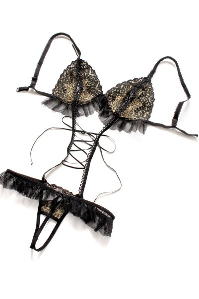 画像14: SALMAKIS teddy  | レオパード柄のオープンクロッチテディ・シースルー・黒×ヒョウ柄・編上げ | Anais アナイス センシュアルランジェリー (14)