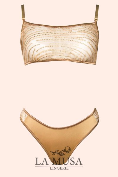 画像7: Gold-Sparkle-Set  | ブラレット&ショーツセット・ノンパテッドブラ・替えストラップ付・ゴールド・ラメ・スパンコール・シルク混サテン | LA MUSA ラミューザ (7)