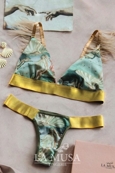 画像17: Venus-Set  | ブラレット＆ショーツセット・ノンパテッドブラ・替えストラップ付・グリーン・ビーナスプリント・シルク混 | LA MUSA ラミューザ (17)