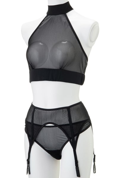 画像6: Mystery  | ブラレット&ショーツ&ガーターベルトセット・ノンパテッドブラ・ブラック・シースルー・ホルターネック・シルク混サテン | LA MUSA ラミューザ (6)