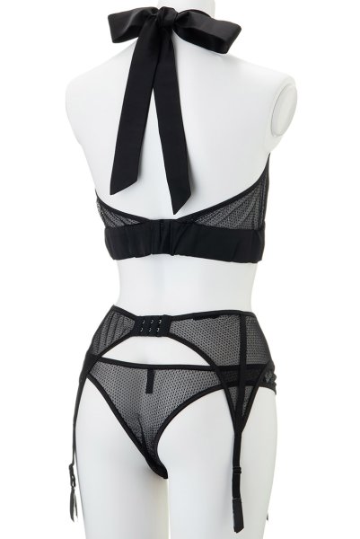画像7: Mystery  | ブラレット&ショーツ&ガーターベルトセット・ノンパテッドブラ・ブラック・シースルー・ホルターネック・シルク混サテン | LA MUSA ラミューザ (7)
