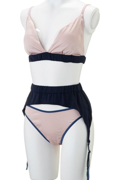 画像8: Aurora  | ブラレット＆ショーツ＆ガーターベルトセット・ノンパテッドブラ・ピンク・ネイビー・シルク混サテン | LA MUSA ラミューザ (8)