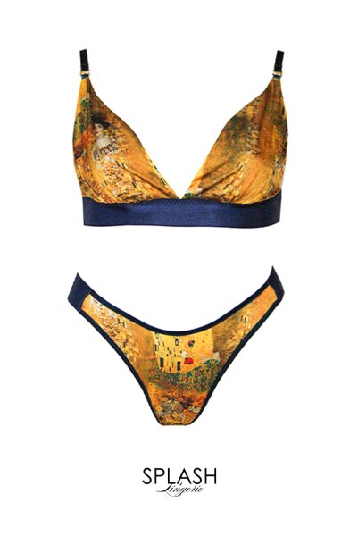 画像7: Gustav-Klimt-Lingerie-Set  | クリムト柄ブラレット＆ショーツセット・ゴールド×ネイビー・シルク混・替えストラップ付き | LA MUSA ラミューザ (7)