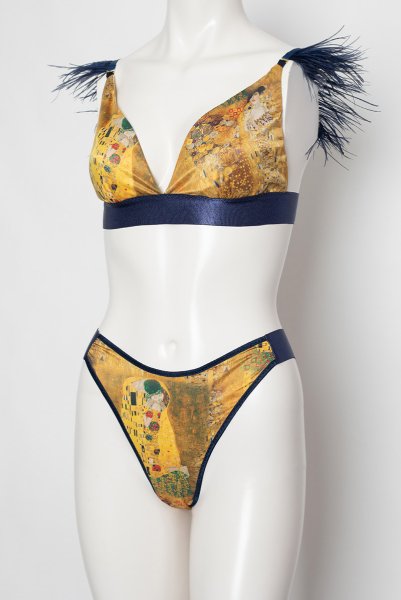 画像8: Gustav-Klimt-Lingerie-Set  | クリムト柄ブラレット＆ショーツセット・ゴールド×ネイビー・シルク混・替えストラップ付き | LA MUSA ラミューザ (8)