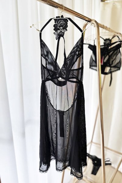 画像27: Latinesa babydoll | ベビードール＆タンガ（ワイヤーなし・フラワーモチーフ・シースルー・ブラック）| Obsessive 高級Sexyランジェリー (27)