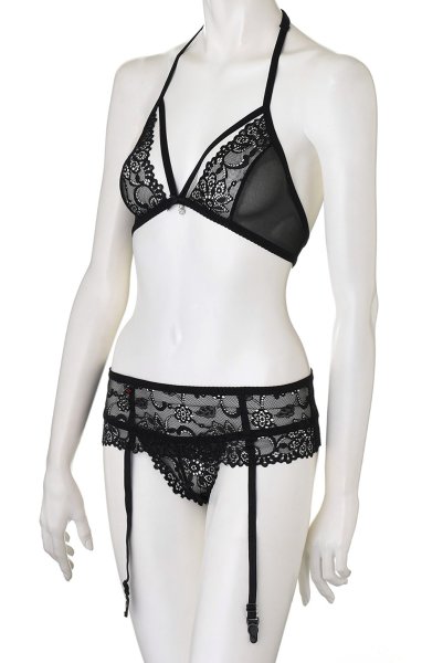 画像11: 838 SEG 1 set black | フラワーレースのブラ＆タンガ＆ガーターベルト3点セット ・ノンパテッドブラ・ノンワイヤー・Tバック・ブラック   | 高級Sexyランジェリー Obsessive (11)