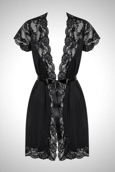 画像9: 810 PEI 1 black | 柔らかサテンストレッチのガウン・ローブ・花柄レース・ブラック   | 高級Sexyランジェリー Obsessive (9)