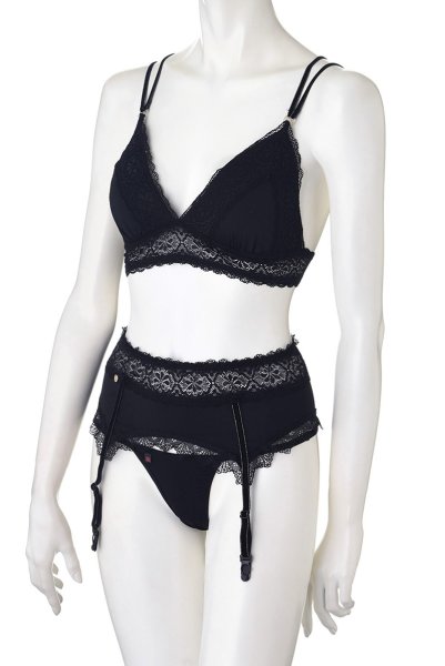 画像9: 在庫限り|Lolitte 3pcs set black | ブラレット&タンガ&ガーターベルト3点セット ・ノンパテッドブラ・ノンワイヤー・Tバック・ブラック   | 高級Sexyランジェリー Obsessive (9)