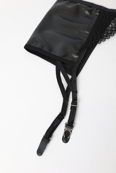 画像21: Norides-3-pcs-set | ワイヤー入りブラ&ガーターベルト&タンガ3点セット(レザー・レース・ブラック)| Obsessive 高級Sexyランジェリー (21)