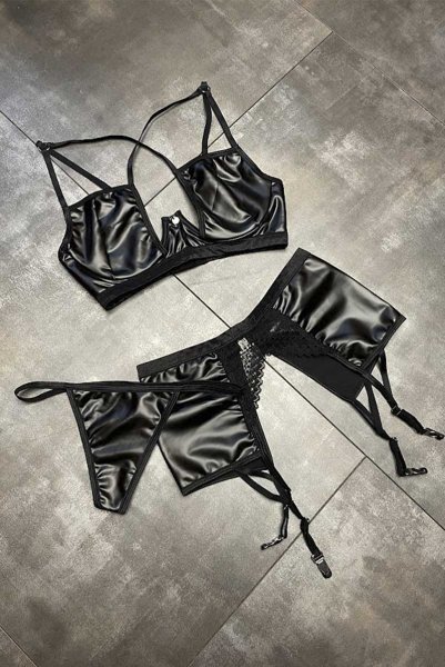 画像24: Norides-3-pcs-set | ワイヤー入りブラ&ガーターベルト&タンガ3点セット(レザー・レース・ブラック)| Obsessive 高級Sexyランジェリー (24)