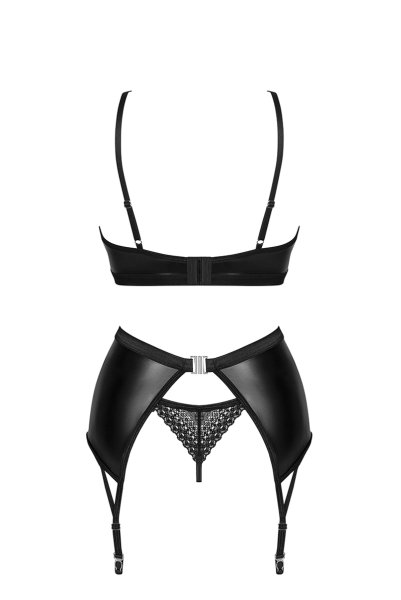 画像2: Norides-3-pcs-set | ワイヤー入りブラ&ガーターベルト&タンガ3点セット(レザー・レース・ブラック)| Obsessive 高級Sexyランジェリー (2)