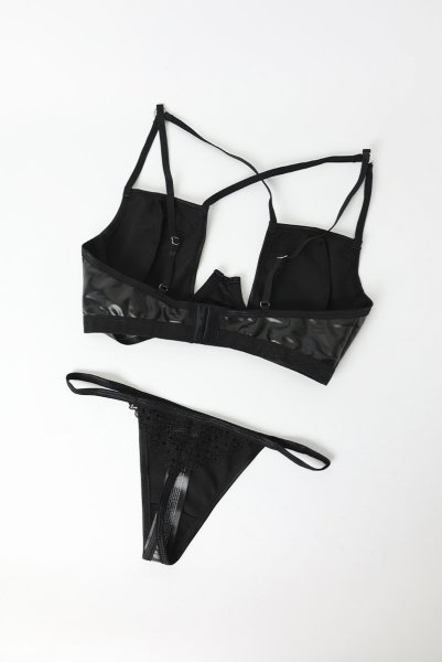 画像12: Norides-3-pcs-set | ワイヤー入りブラ&ガーターベルト&タンガ3点セット(レザー・レース・ブラック)| Obsessive 高級Sexyランジェリー (12)