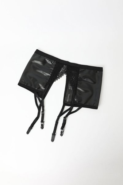 画像19: Norides-3-pcs-set | ワイヤー入りブラ&ガーターベルト&タンガ3点セット(レザー・レース・ブラック)| Obsessive 高級Sexyランジェリー (19)