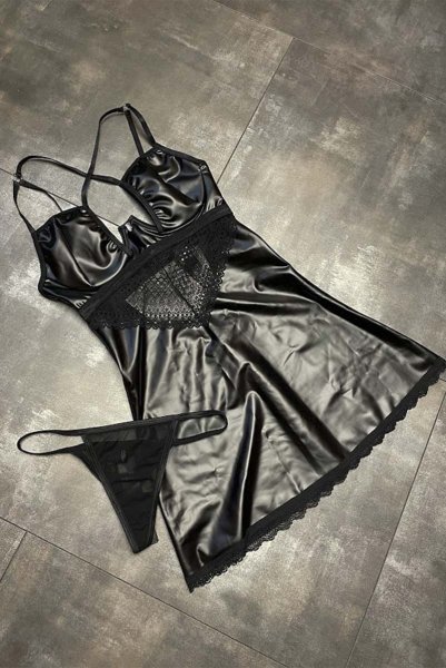 画像19: Norides chemise & thong | スリップドレス&タンガ(ワイヤーあり・レザー・レース・ブラック)| Obsessive 高級Sexyランジェリー (19)