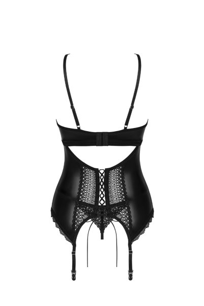 画像2: Norides corset & thong |  ガーターベルト付きコルセット&タンガ2点セット(ワイヤーあり・レザー・レース・ブラック)  | Obsessive 高級Sexyランジェリー (2)