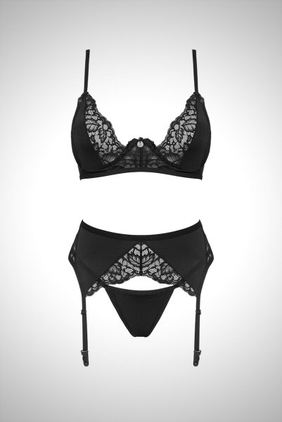 画像1: Bellastia 3-pcs set|ワイヤー入りブラ＆ガーターベルト＆タンガ3点セット・ブラック | obsessive 高級Sexyランジェリー (1)