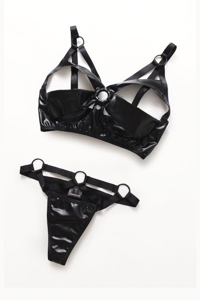 画像12: Armares 2 pcs set | ワイヤー入りブラ&タンガ 2点セット（レザー・ボンデージ・ブラック）| Obsessive 高級Sexyランジェリー (12)