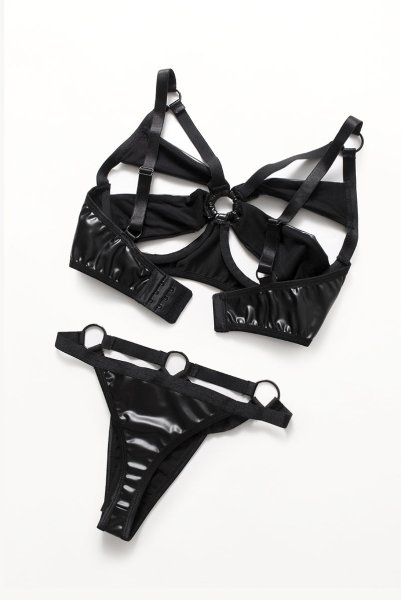 画像11: Armares 2 pcs set | ワイヤー入りブラ&タンガ 2点セット（レザー・ボンデージ・ブラック）| Obsessive 高級Sexyランジェリー (11)