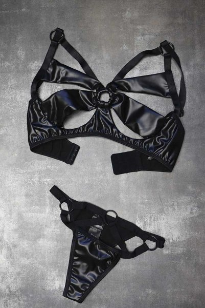 画像22: Armares 2 pcs set | ワイヤー入りブラ&タンガ 2点セット（レザー・ボンデージ・ブラック）| Obsessive 高級Sexyランジェリー (22)