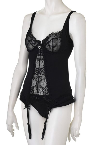 画像16: Heartina corset black | レースブラ&ガーターベルト付きスリーインワン&ブラジリアンショーツセット・黒   | 高級Sexyランジェリー Obsessive (16)