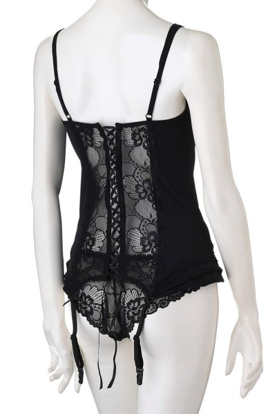 画像15: Heartina corset black | レースブラ&ガーターベルト付きスリーインワン&ブラジリアンショーツセット・黒   | 高級Sexyランジェリー Obsessive (15)