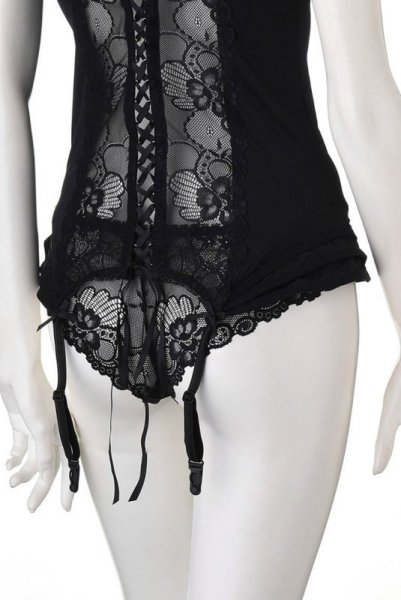 画像14: Heartina corset black | レースブラ&ガーターベルト付きスリーインワン&ブラジリアンショーツセット・黒   | 高級Sexyランジェリー Obsessive (14)