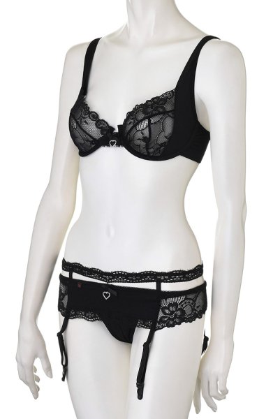 画像11: Heartina 3pcs black | 一枚レースブラ&ガーターベルト&Tバック3点セット・ノンパテッドブラ・黒   | 高級Sexyランジェリー Obsessive (11)