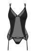 画像1: Nesari corset |  ガーターベルト付きコルセット＆タンガ2点セット（ワイヤーあり・シースルー・ダブルストラップ・ブラック）  | Obsessive 高級Sexyランジェリー (1)