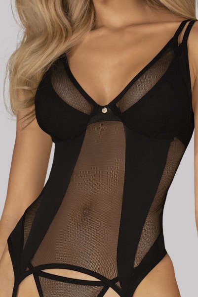 画像7: Nesari corset |  ガーターベルト付きコルセット&タンガ2点セット(ワイヤーあり・シースルー・ダブルストラップ・ブラック)  | Obsessive 高級Sexyランジェリー (7)