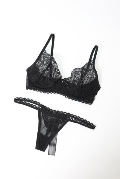 画像19: Chemeris 3 pcs set｜ワイヤー入りブラ＆ガーターベルト＆タンガ3点セット（幾何学模様・シースルー・ブラック） | Obsessive 高級Sexyランジェリー (19)