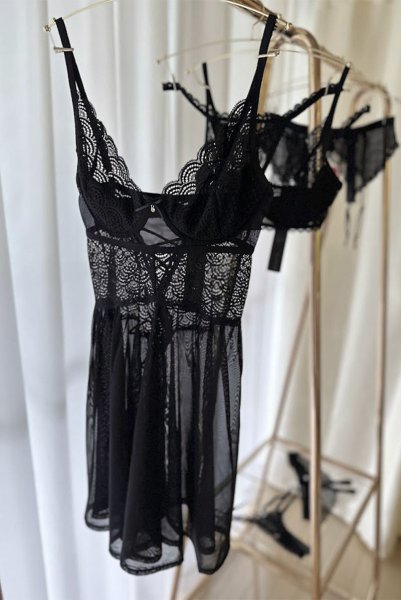 画像27: Chemeris babydoll|ワイヤー入りベビードール&タンガ(幾何学模様・シースルー・ブラック)| Obsessive 高級Sexyランジェリー (27)