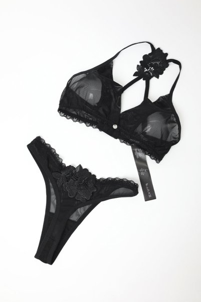 画像13: Latinesa 2 pcs set | ブラ&タンガ 2点セット(ワイヤーなし・フラワーモチーフ・シースルー・ブラック)| Obsessive 高級Sexyランジェリー (13)
