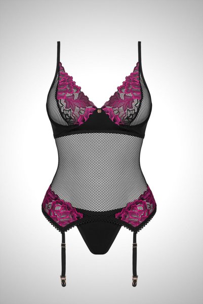画像1: Rosenty corset |ガーターベルト付きコルセット＆クロッチレスタンガ2点セット・ブラック×ピンク | obsessive 高級Sexyランジェリー (1)