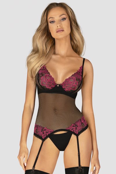 画像3: Rosenty corset |ガーターベルト付きコルセット&クロッチレスタンガ2点セット・ブラック×ピンク | obsessive 高級Sexyランジェリー (3)