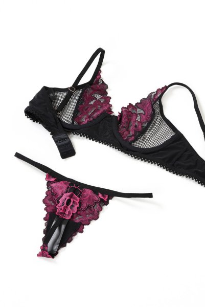 画像12: Rosenty 3-pcs set|ワイヤー入りブラジャー&ガーターベルト&ブラジリアンショーツ3点セット・ブラック×ピンク | obsessive 高級Sexyランジェリー (12)