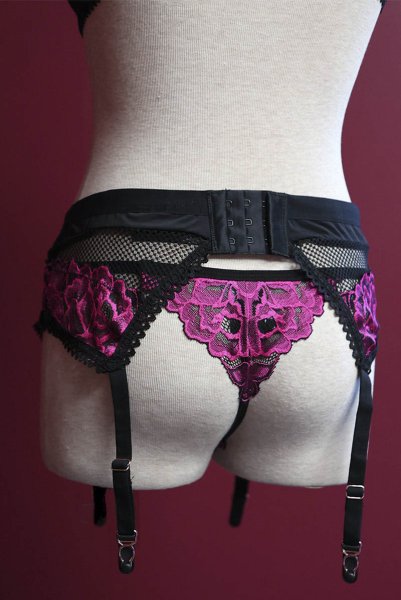 画像27: Rosenty 3-pcs set|ワイヤー入りブラジャー&ガーターベルト&ブラジリアンショーツ3点セット・ブラック×ピンク | obsessive 高級Sexyランジェリー (27)