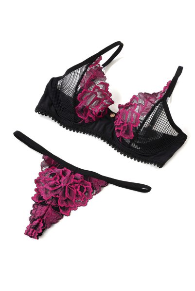 画像11: Rosenty 3-pcs set|ワイヤー入りブラジャー&ガーターベルト&ブラジリアンショーツ3点セット・ブラック×ピンク | obsessive 高級Sexyランジェリー (11)