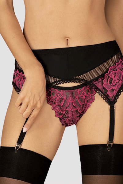 画像9: Rosenty 3-pcs set|ワイヤー入りブラジャー&ガーターベルト&ブラジリアンショーツ3点セット・ブラック×ピンク | obsessive 高級Sexyランジェリー (9)