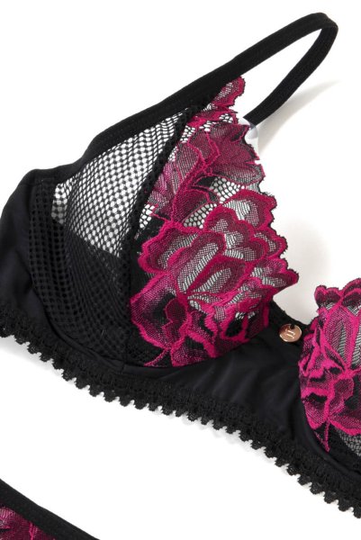 画像13: Rosenty 3-pcs set|ワイヤー入りブラジャー&ガーターベルト&ブラジリアンショーツ3点セット・ブラック×ピンク | obsessive 高級Sexyランジェリー (13)