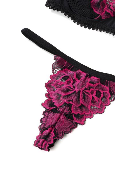 画像16: Rosenty 3-pcs set|ワイヤー入りブラジャー&ガーターベルト&ブラジリアンショーツ3点セット・ブラック×ピンク | obsessive 高級Sexyランジェリー (16)