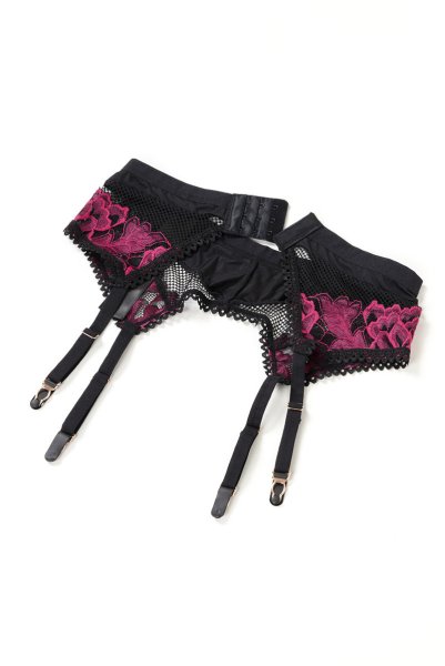 画像19: Rosenty 3-pcs set|ワイヤー入りブラジャー&ガーターベルト&ブラジリアンショーツ3点セット・ブラック×ピンク | obsessive 高級Sexyランジェリー (19)