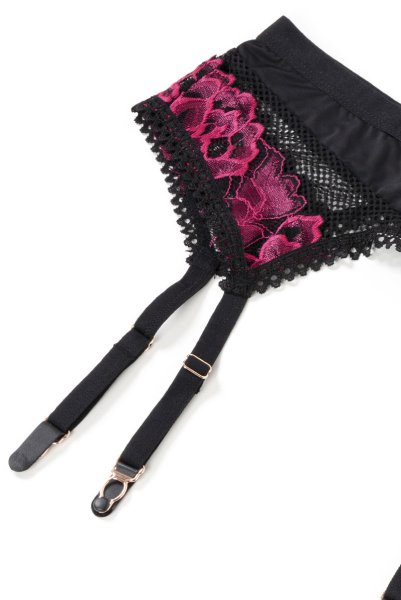 画像20: Rosenty 3-pcs set|ワイヤー入りブラジャー&ガーターベルト&ブラジリアンショーツ3点セット・ブラック×ピンク | obsessive 高級Sexyランジェリー (20)