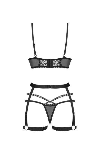 画像2: Blomentis 3-pcs set|ブラ&ガーターベルト風ハーネス&タンガ3点セット(ワイヤーなし・リボン・シースルー・ブラック) | Obsessive 高級Sexyランジェリー (2)