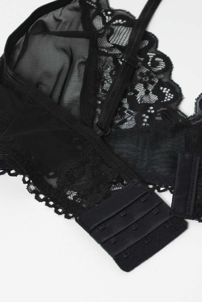 画像14: Blomentis 3-pcs set|ブラ&ガーターベルト風ハーネス&タンガ3点セット(ワイヤーなし・リボン・シースルー・ブラック) | Obsessive 高級Sexyランジェリー (14)