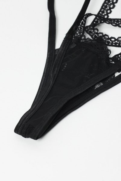 画像18: Blomentis 3-pcs set|ブラ&ガーターベルト風ハーネス&タンガ3点セット(ワイヤーなし・リボン・シースルー・ブラック) | Obsessive 高級Sexyランジェリー (18)