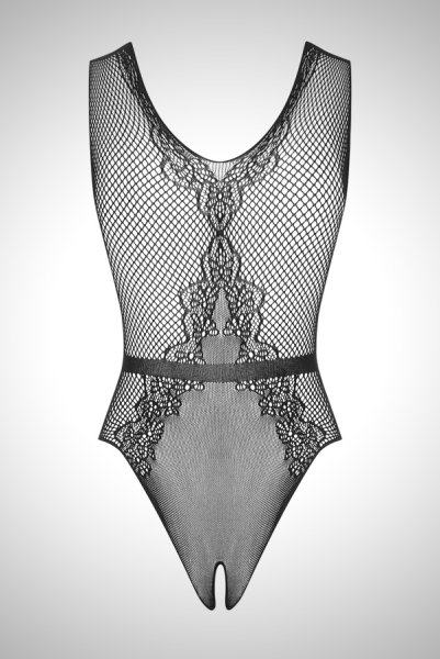 画像8: B115 teddy black | リボンベルトが付いたレオタード風テディ・メッシュ・黒・オープンクロッチ・網タイツ素材   | 高級Sexyランジェリー Obsessive (8)